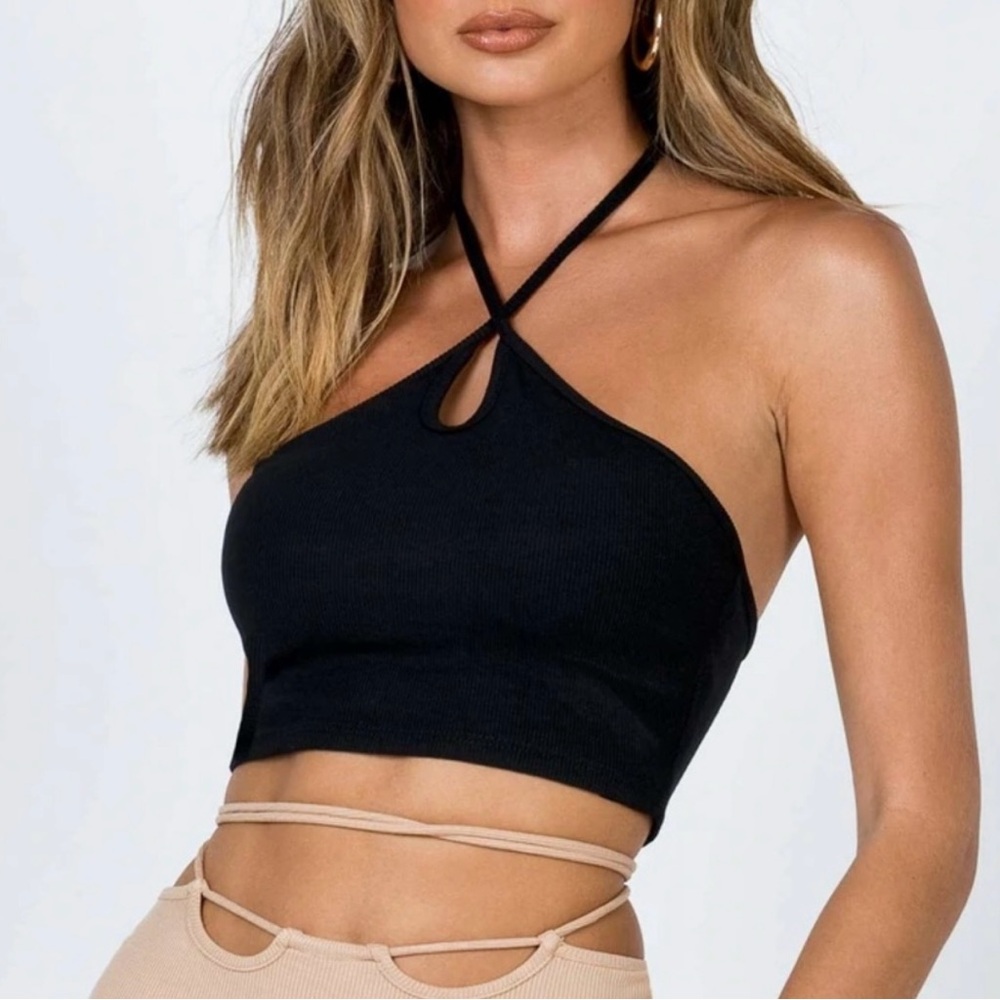 Princess Polly HELENA Ribbed Black Halter Crop Top Stretchy Size 2 Y2K Keyhole